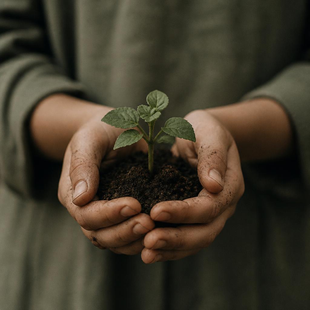Hands holding a small green seedling sprouting from rich soil