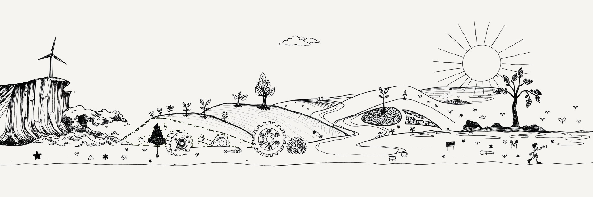 Hand-drawn ink illustration of Zuzanna's journey — coastal cliffs, wind, water, growth and transition, blending engineering with nature