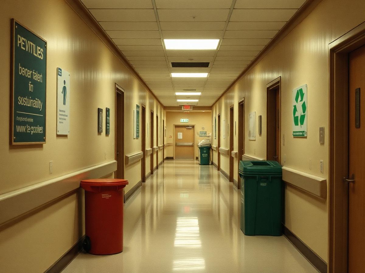 Hospital corridor with sustainability signage and recycling bins